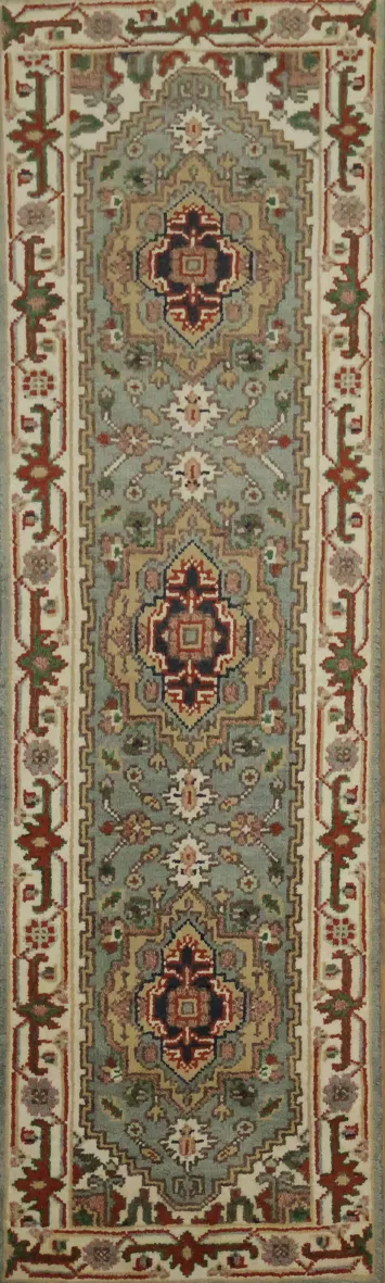 Light Blue Traditional Heriz Serapi Wool Runner Rug 7' 9'' X 2' 4''