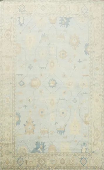 Muted Blue and Green Border Hand-Knotted 13' x 21' Oushak Wool Rug | Large Traditional