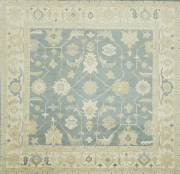 Traditional Blue and Beige 14 ft Square Oushak Hand-Knotted Wool Rug 14x14 ft
