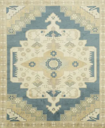 Elegant Geometric Turkish Inspired Oushak Rug in Soft Blue and Cream Tones 8x10