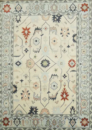 Ivory with Blue Border Traditional Oushak Hand Made Large Rug 10x14
