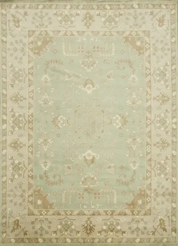 Hand-Knotted 10x14 Traditional Oushak Wool Rug - Mint Green