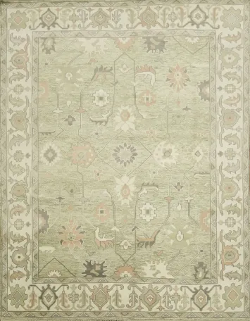 Muted Pastel Sage Green Oushak Rug Hand-Knotted Wool 9'x12'
