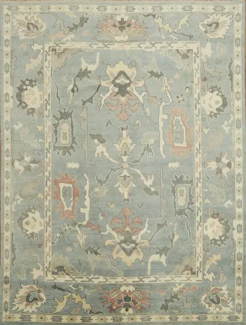 Luxurious Living: Artful Blue Medallion Oushak Wool Rug for Elegant Spaces 9x12