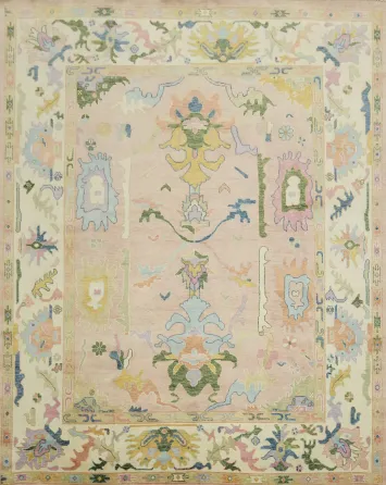 Tranquil Hues: Beautifully Patterned Soft-Toned Pink Palace Oushak Rug 12x15