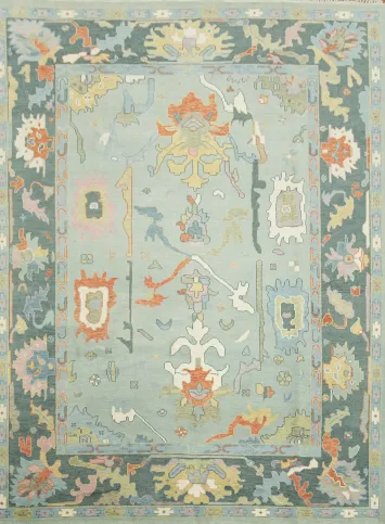 Blue and Teal Green Traditional Oushak Hand Made Area Rug 9x12