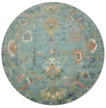 Charming 10 ft Oushak Hand-Knotted Round Rug  Unique Patterns in Blue and Pastels