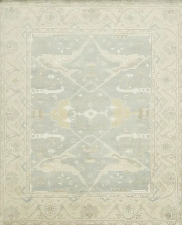 Luxurious Soft Tones Light Blue Oushak Rug with Sage Green Border 8x10