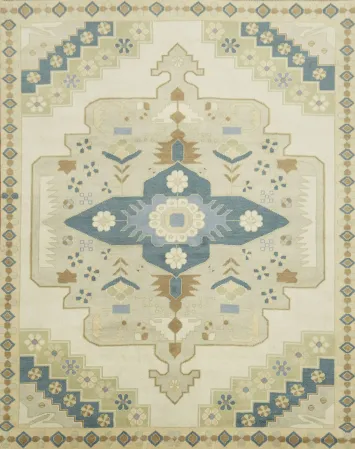 Classic Geometric Design Oushak Rug in Soft Green Beige and Blue Hues 8x10