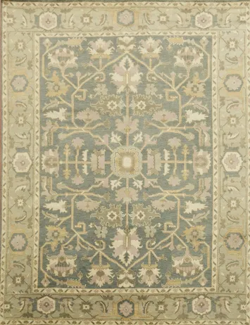 Classic Blue and Green Oushak Hand-Knotted Wool Rug 9x12 ft