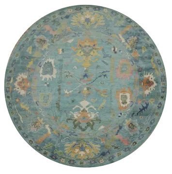 10 ft Round Azure Garden Oushak Wool Rug with Subtle Floral Patterns