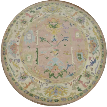 Round Pastel Pink Oushak Rug with Delicate Floral Patterns for Classic Décor 10x10 ft