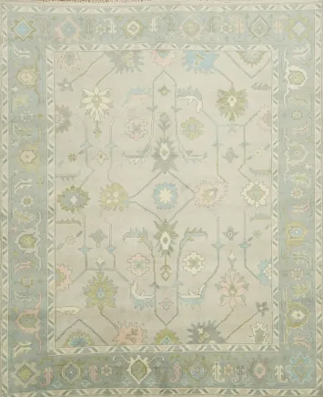 Vintage-Inspired Floral Oushak Rug: Soft light Green, Ivory, and Light Blue Hand-Knotted Wool
