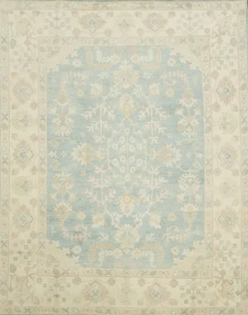 9'x12' Traditional Muted Tone Blue Oushak Hand-Knotted Living Room Rug