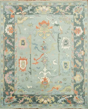 Traditional Turkish Style Rug in Soft Blue and Coral Hues 8x10