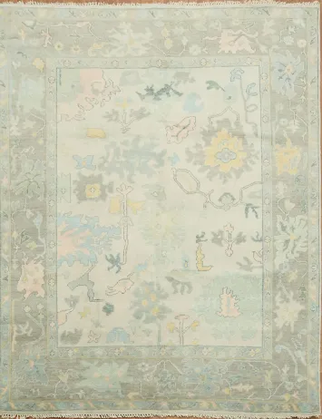 Pastel Pale Sage Green Floral Patterned Wool Rug 8x10