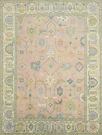 9'x12' Pastel-Toned Pink Oushak Traditional Hand-Knotted Wool Large Rug