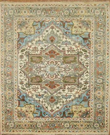 Ivory and Green Heriz Serapi Hand-Knotted Traditional Area Rug 8x10