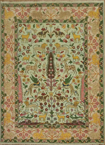 Mint Green Hunting Design Animal Pictorial Hand-Knotted Rug 9x12