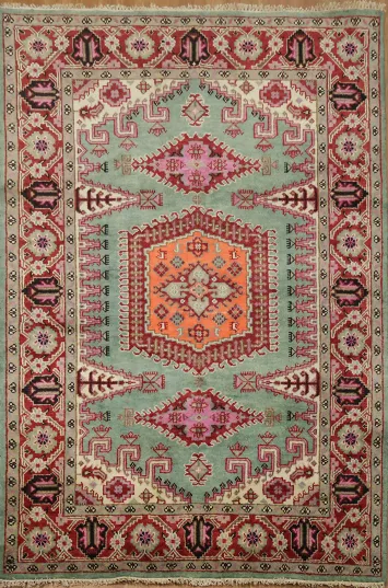 Elegant Turquoise and Coral Viss Indian Area Rug 6'x9'
