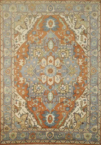 Traditional Heriz Serapi Hand-Knotted Rug Rug in Warm Rust and Blue 10'x14'