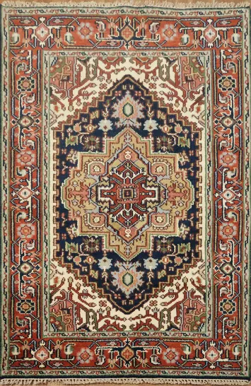 Geometric Navy Blue and Red Heriz Serapi Oriental Rug 4x6