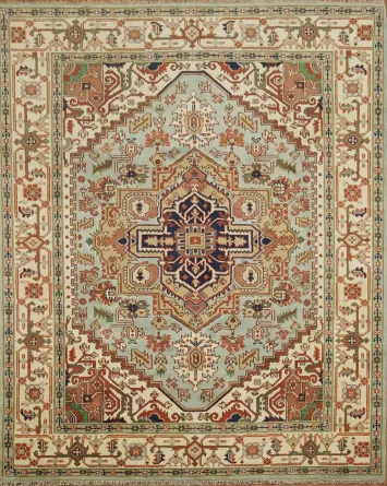 Traditional Heriz Serapi Carpet in Warm Earth Tone Colors of Blue and Green 8x10