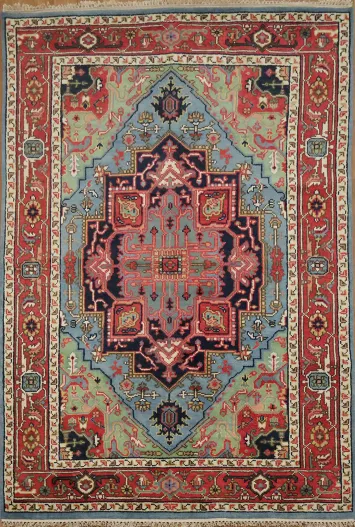 Traditional Light Blue and Pink Hand-Knotted Wool Rug 6'x9'