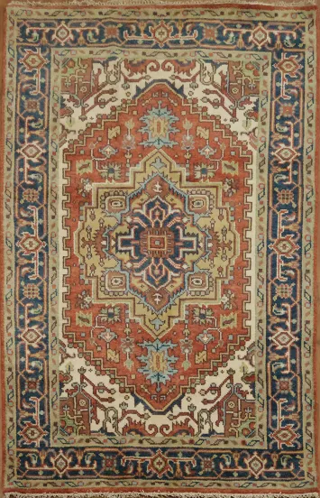 Luxurious Persian design Heriz Serapi Rust and Navy Blue Rug 5'x8'