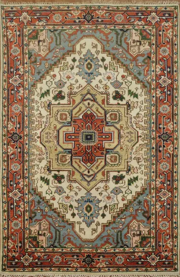 Heriz Serapi Ivory and Blue Hand-Knotted Wool Area Rug 5x8