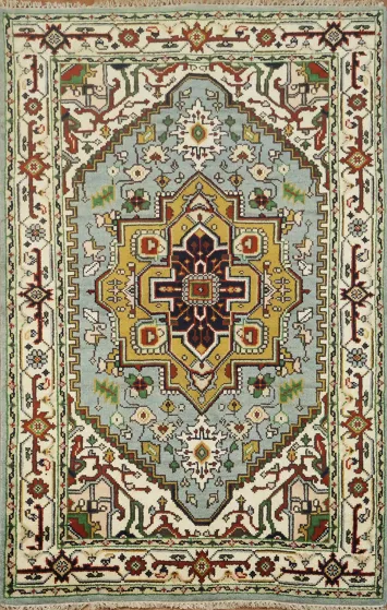 Traditional Geometric Light Blue and Green Heriz Serapi Indian Rug 5'x8'