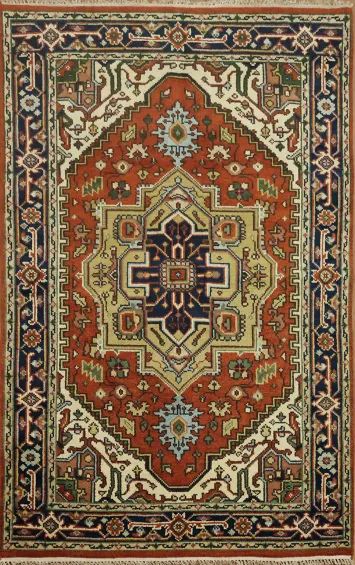 Traditional Rust Red and Cream Persian Carpet with Navy Border 5'x8'