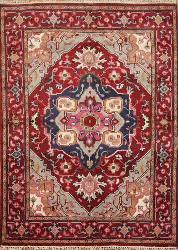 Bold Red and Navy Heriz Serapi Wool Area Rug 5x7