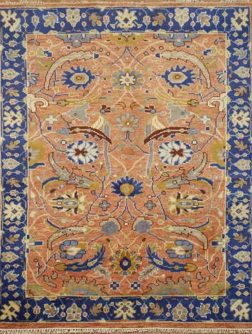 Intricate Floral Orange Rug with Vibrant Blue Border Accent 5'x7'