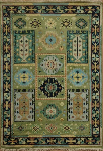 Exquisite Green and Blue Aztec-Inspired Wool Rug 4x6