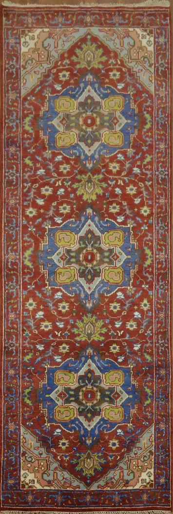 Traditional Red and Blue Heriz Serapi Long Runner Rug 4'x12'