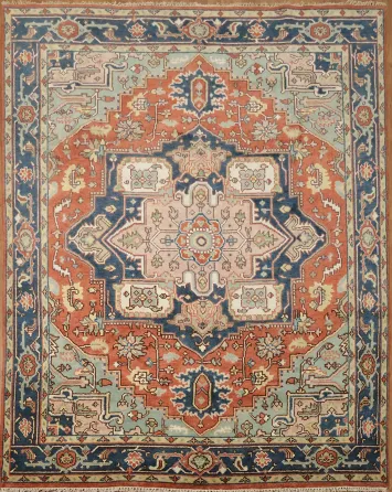 Red and Navy 8'x10' Heriz-Serapi Traditional Rug with Geometric Patterns