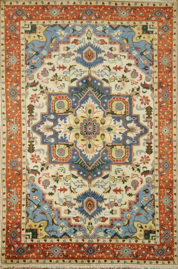 Traditional Ivory and Blue Heriz Serapi Hand-Knotted Area Rug 6'x9'