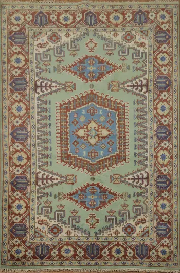 Traditional tribal Mint Green Viss Rug with Detailed Blue Centerpiece 6'x9'
