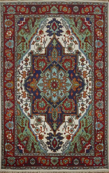 5'x8' Traditional Ivory and Green Heriz Serapi Hand-Knotted Area Rug