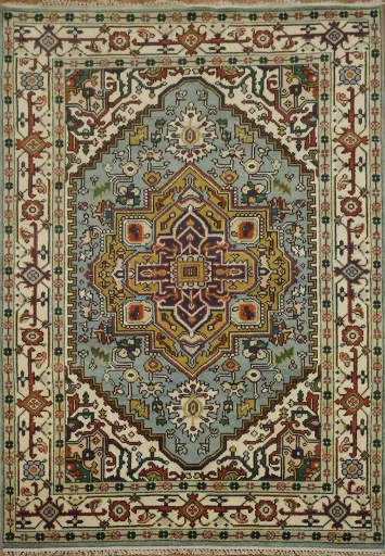 Light Blue Heriz Medallion Rug with Intricate Geometric Patterns 6'x9'