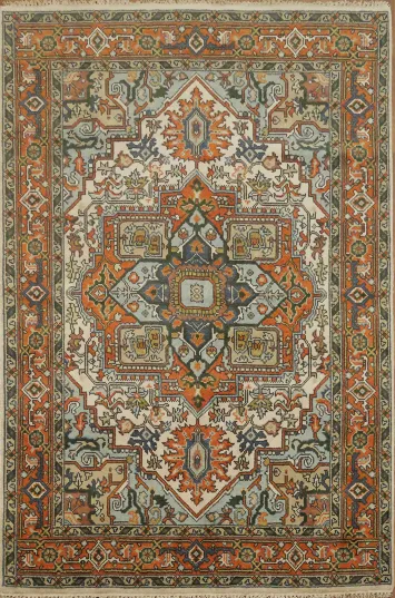 Exquisite Traditional Orange and Blue Heriz Serapi Area Rug 6'x9'