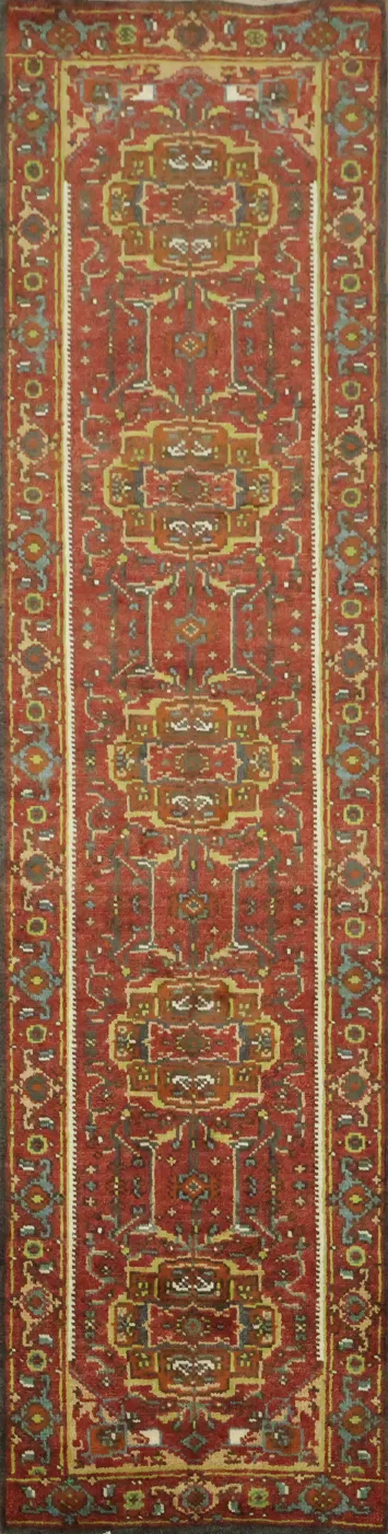 Elegant Red Runner Rug with Intricate Geometric Patterns 9' 10'' X 2' 6''