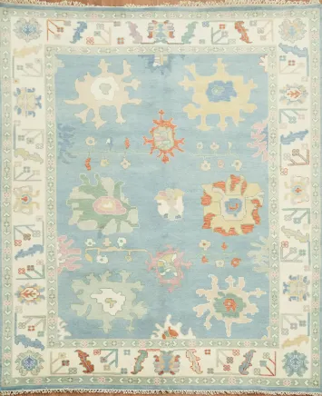 Pastel Blue Oushak Living Room Rug with Intricate Floral Designs 8x10