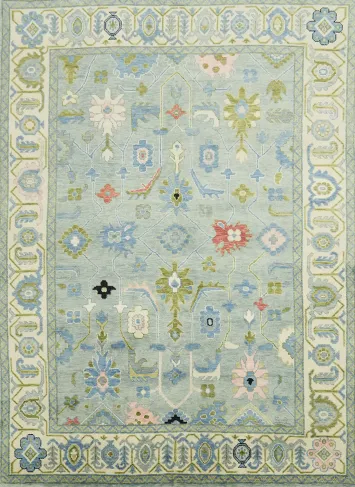 Charming Soft Blue Oushak Indian Rug with Intricate Floral Motifs 9x12 ft