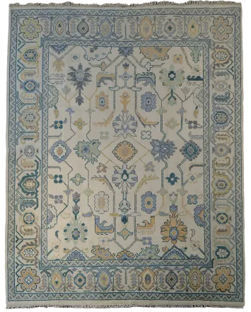 Artisan Blue and Beige Rug with Delicate Botanical Patterns 8'x10'