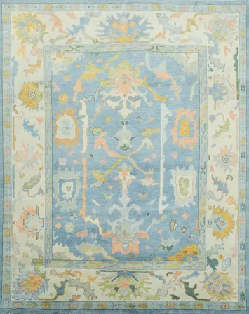 Luxury Handmade Oushak Rug Featuring Soft Blue and Delicate Hues 8'x10'