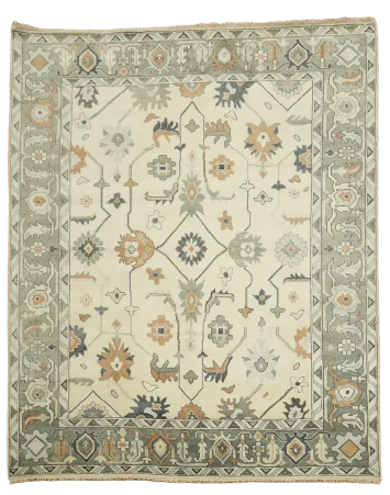 Traditional Ivory and Green Oushak Hand Made Area Rug 9x12