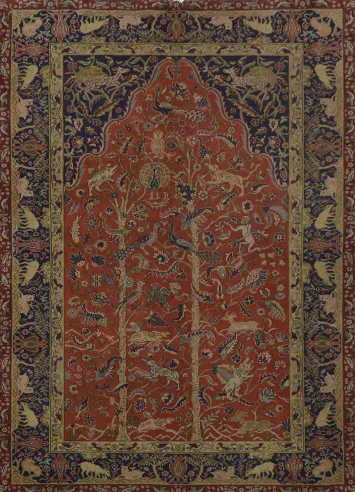 Antique Hunting Design Vegetable Dye Isfahan Wool Persian Rug 4x6
