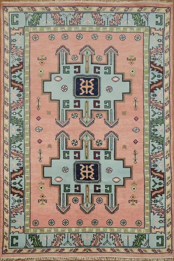 Traditional Pink and Teal Geometric Rug with Elegant Border Design 6'x9'